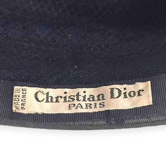 Vintage CHRISTIAN DIOR Navy Blue Raffia and Wood Trim Cloche Hat, Size S